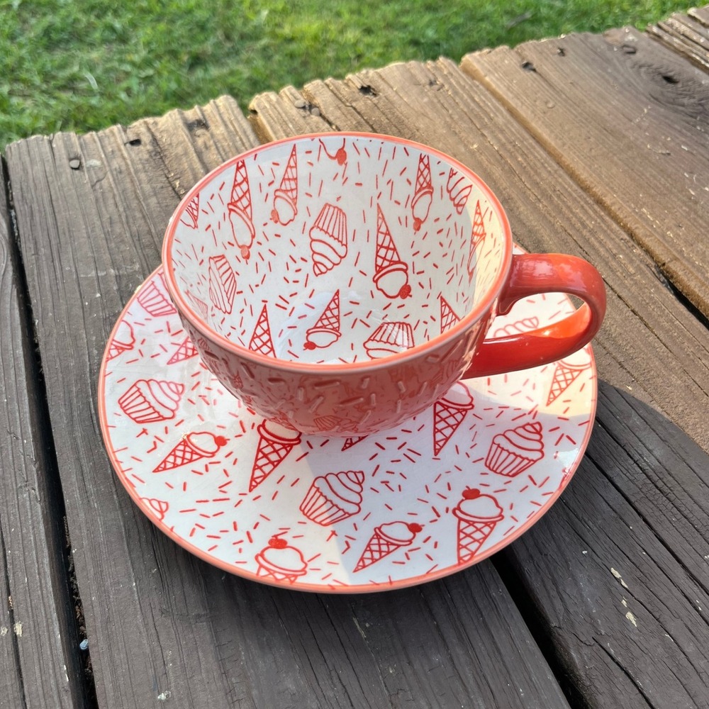 Pfaltzgraff Ice Cream‎ Mug and Saucer Set Coral White Dessert Tea